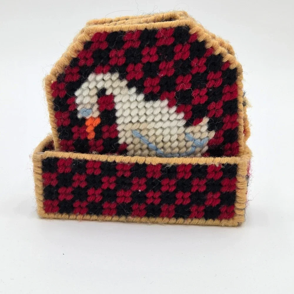 Vintage Needlepoint Plastic Canvas Goose Coaster Set w/ Holder Handmade Checker